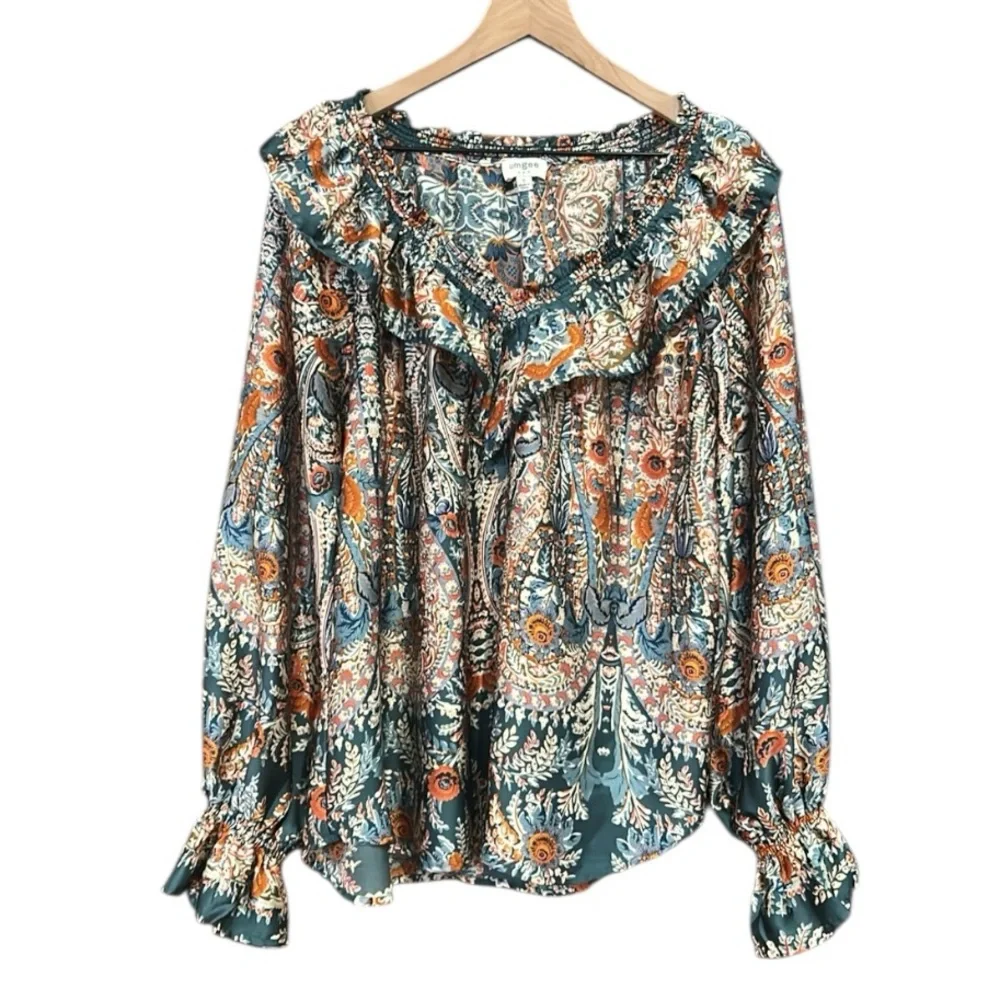 Umgee Boho Green Orange Floral Print Blouse Top V-Neck Long Sleeves Ruffle Small - Picture 2 of 11